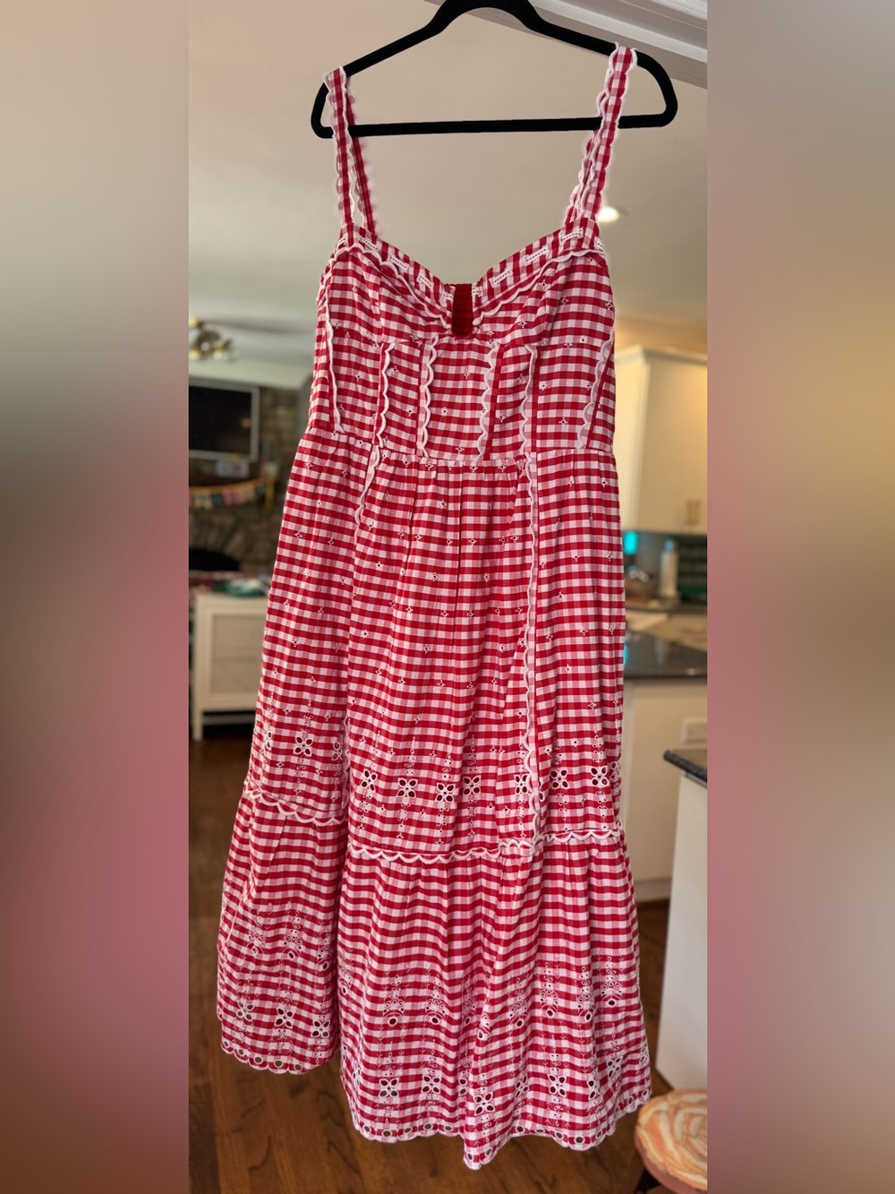 Anthropologie Sweetheart Gingham Eyelet Midi Dress Red White